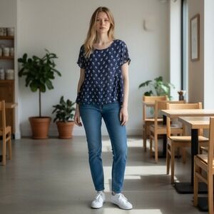 Pleione Floral Print Top Navy Blue Short Sleeve Peplum Blouse Casual‎